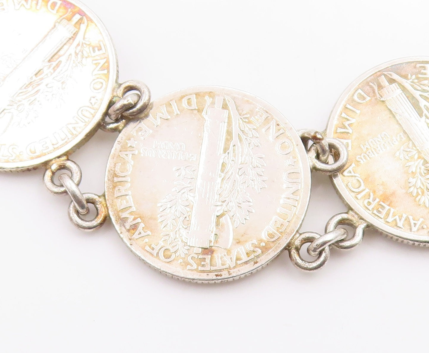 925 Sterling Silver Vintage Bracelet Modernist US One Dime Coin Link  BT12038