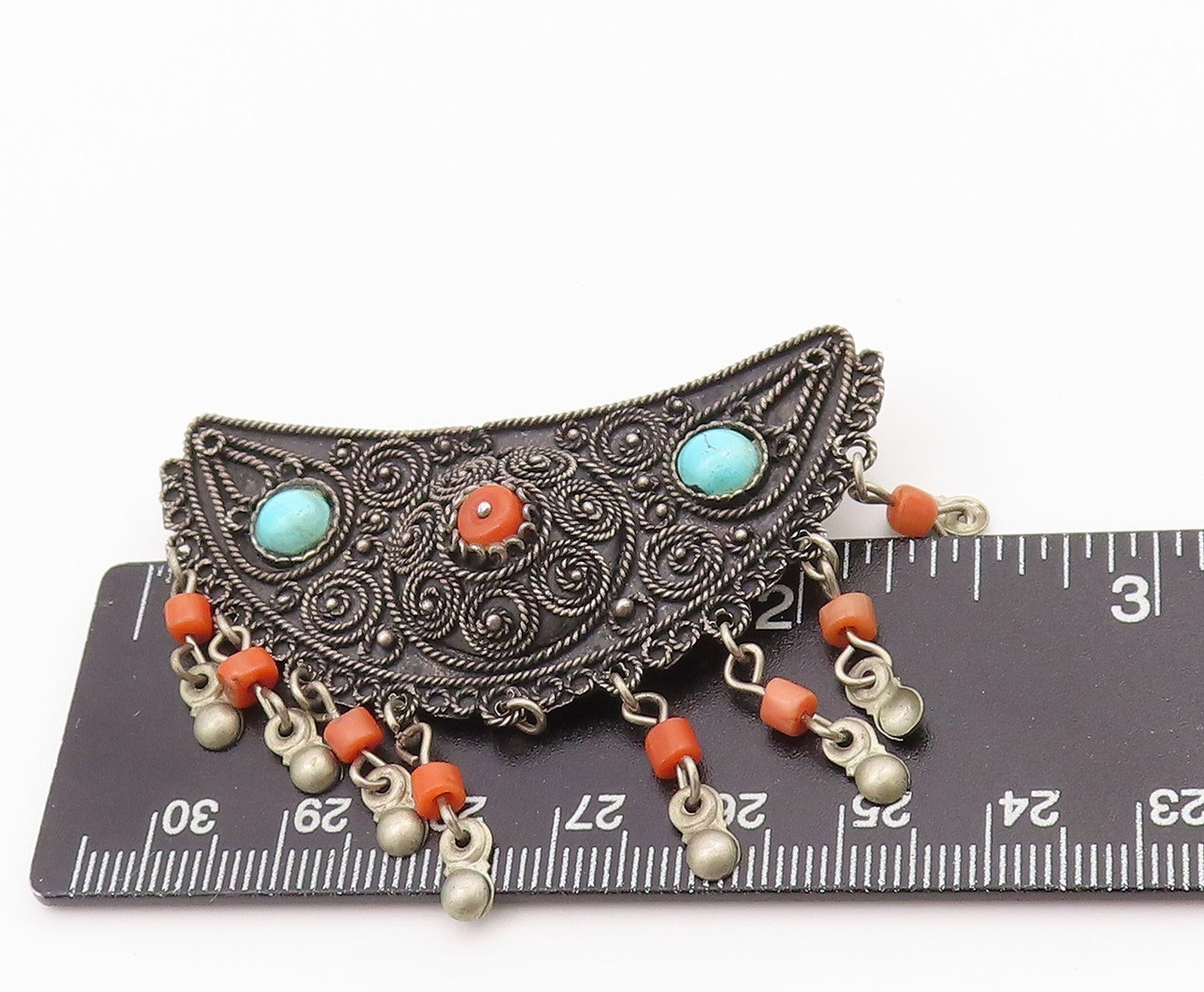 925 Sterling Silver Vintage Brooch ISRAEL Antique Turquoise & Carnelian  BP11653