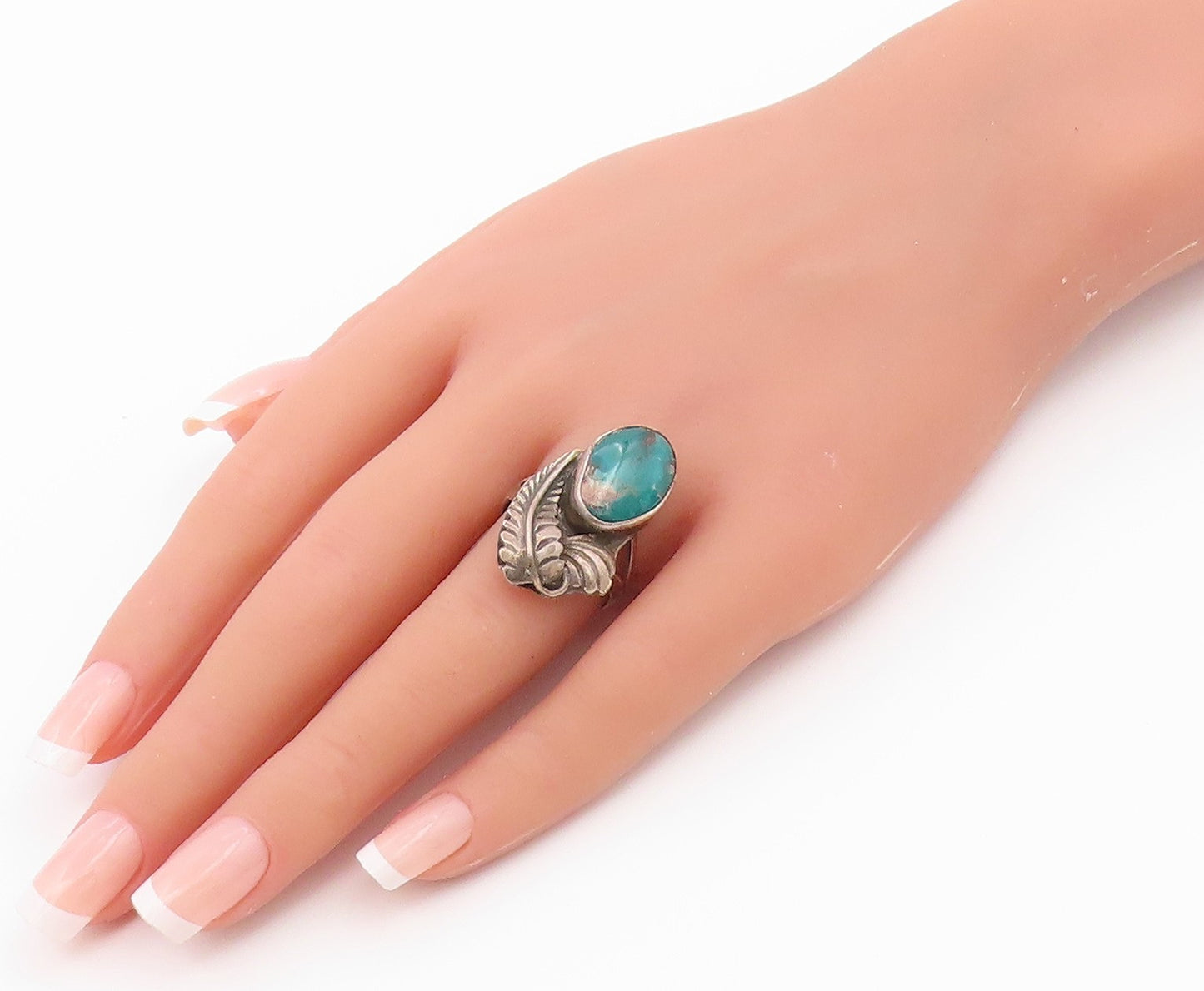 925 Sterling Silver Vintage Ring ASHLEY NAVAJO Turquoise Leaf  Sz 8.5  RG36580