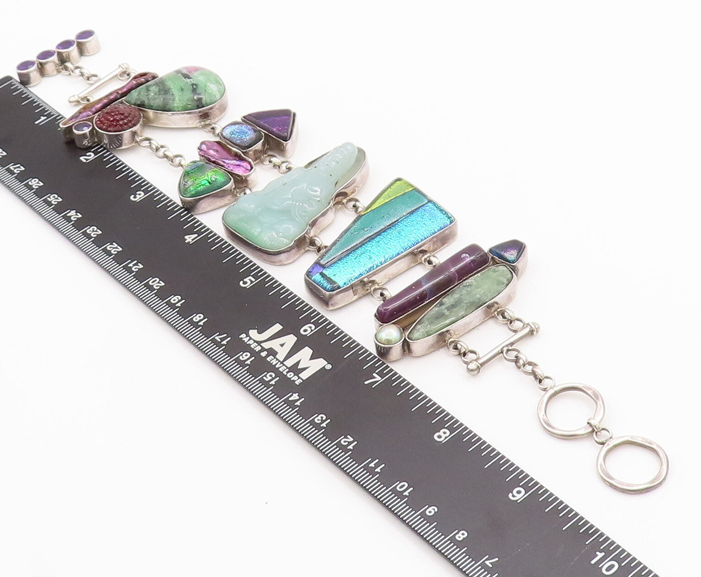 925 Sterling Silver Vintage Bracelet Heavy Designer Multi Stone Buddha  BT10357