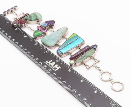 925 Sterling Silver Vintage Bracelet Heavy Designer Multi Stone Buddha  BT10357