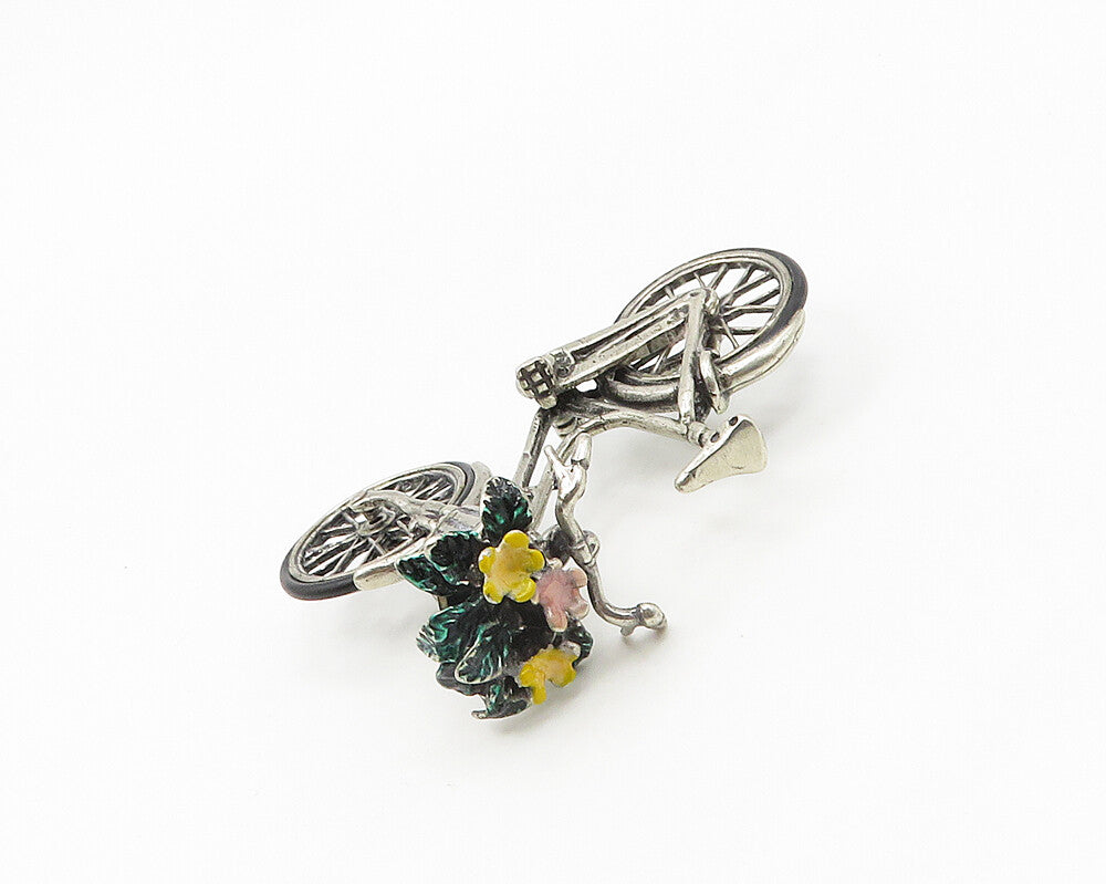 925 Sterling Silver  Vintage Enamel Bicycle With Flower Basket Trinket  TR2590