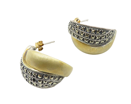925 Sterling Silver  Vintage Shiny Marcasite Two Tone JHoop Earrings  EG5483