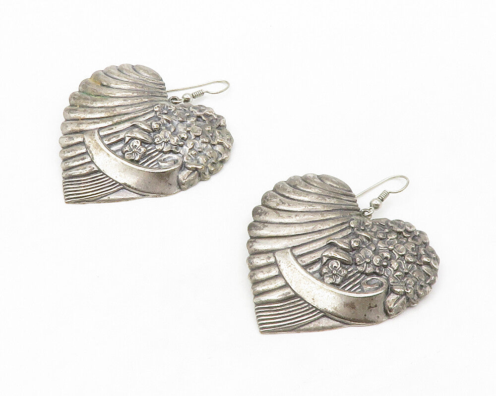 925 Sterling Silver  Vintage Floral Love Heart Oxidized Dangle Earrings EG7041
