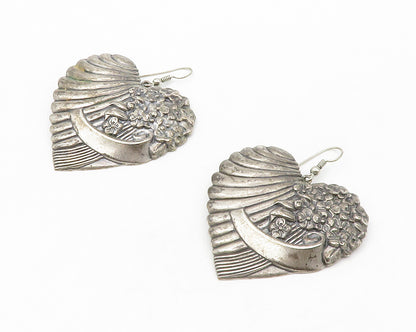 925 Sterling Silver  Vintage Floral Love Heart Oxidized Dangle Earrings EG7041