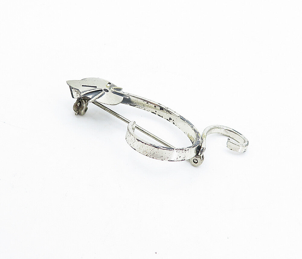 BEAU 925 Sterling Silver  Vintage Modernist Swirl Cat Motif Brooch Pin  BP1417
