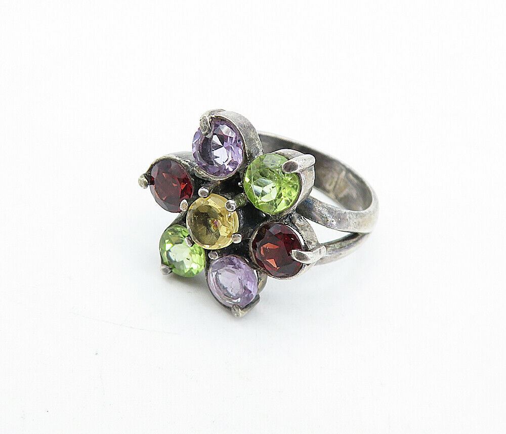 925 Silver  Vintage Peridot Amethyst Citrine & Garnet Ring Sz 7.5  RG5175