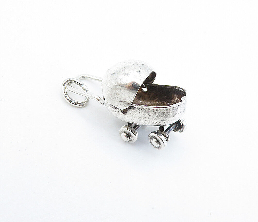 925 Sterling Silver  Vintage Shiny Petite Baby Carriage Motif Pendant  PT5278