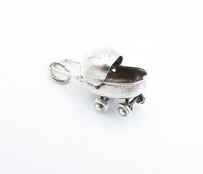 925 Sterling Silver  Vintage Shiny Petite Baby Carriage Motif Pendant  PT5278