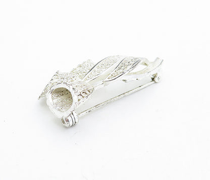 GERMANY 925 Sterling Silver  Vintage Shiny Filigree Flowers Brooch Pin  BP1840