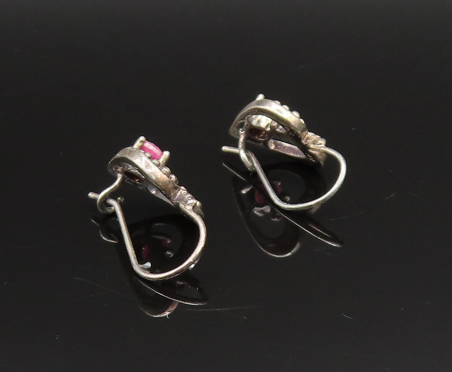925 Silver  Vintage Antique Beaded Open Ruby Love Heart Earrings  EG11959