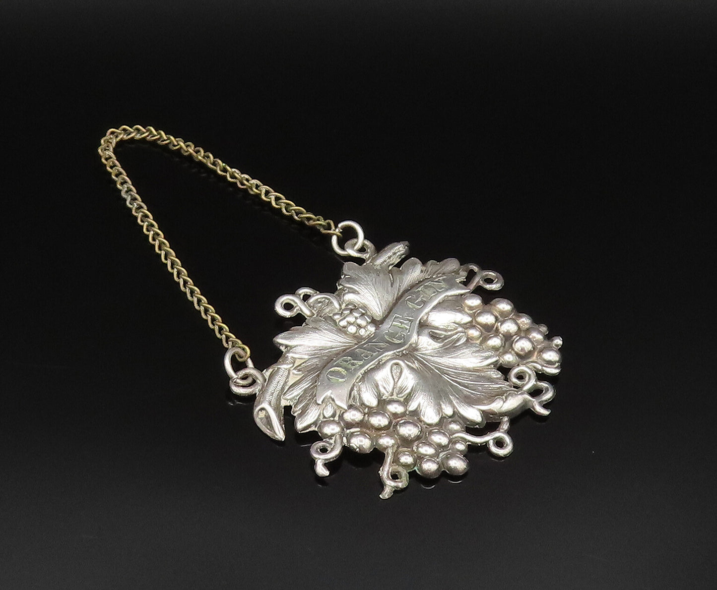 925 Sterling Silver  Vintage Grape Cluster & Leaf Orange Gin Liquor Tag TR3350