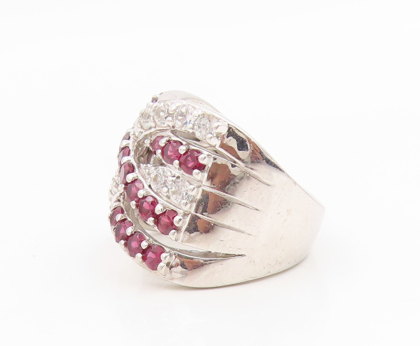 925 Sterling Silver Vintage Ring Pink Topaz & CZ Crossover Band  Sz 7  RG34919