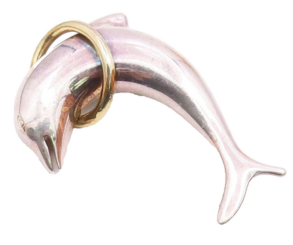 925 Sterling Silver  Vintage Shiny Two Tone Leaping Dolphin Brooch Pin  BP8784