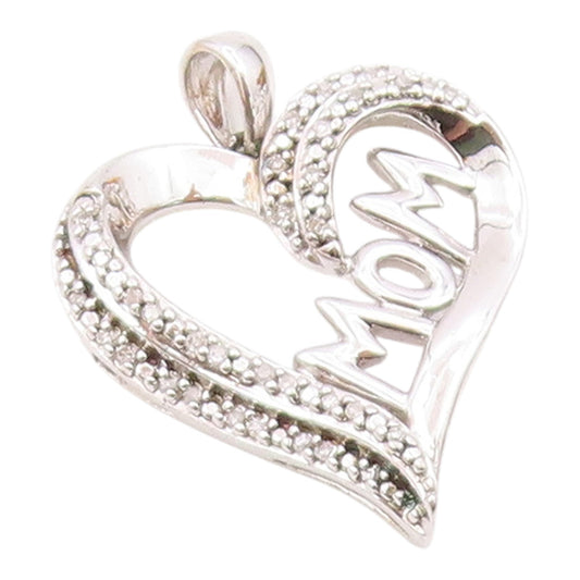 925 Sterling Silver  Vintage Genuine Diamonds Mom Love Heart Pendant  PT16609