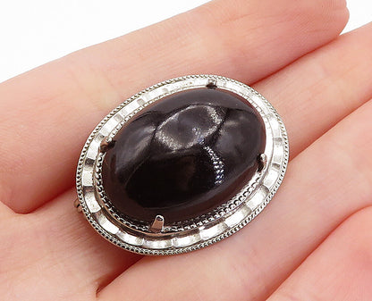 925 Sterling Silver  Vintage Cabochon Cut Black Onyx Oval Brooch Pin  BP1156