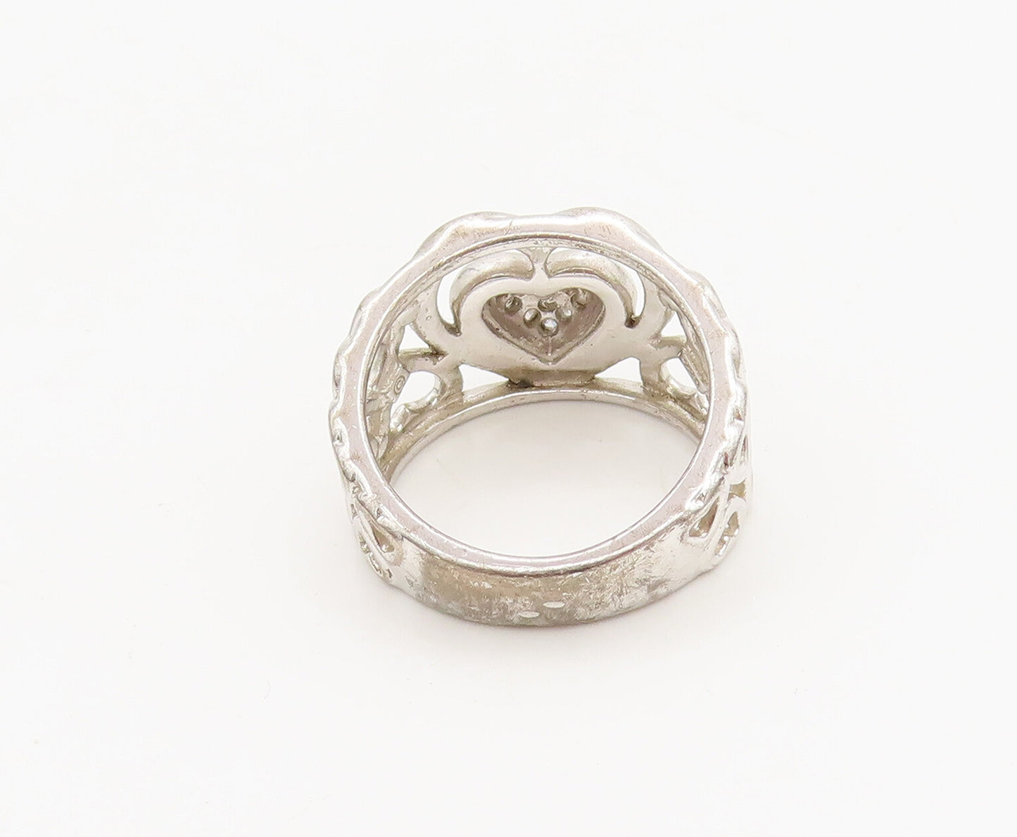 925 Sterling Silver  Vintage Carved Hearts Of Diamonds Broad Ring Sz 7 RG26865