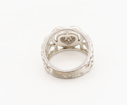 925 Sterling Silver  Vintage Carved Hearts Of Diamonds Broad Ring Sz 7 RG26865