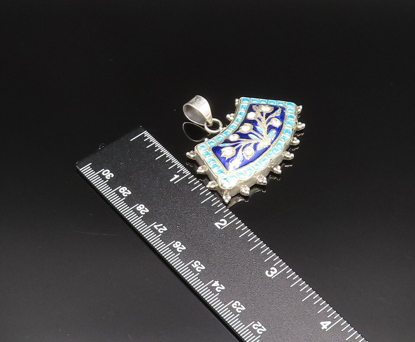 925 Silver  Vintage Double Sided Floral Enamel Cubic Zirconia Pendant  PT21004