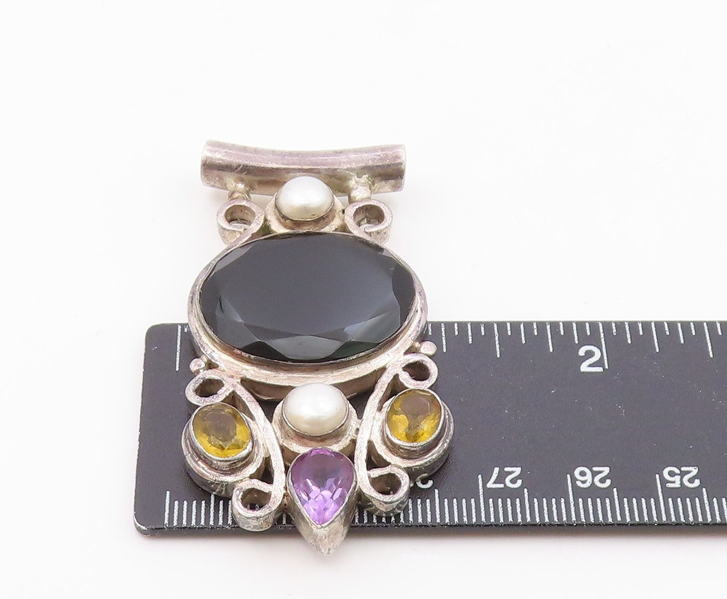 925 Silver  Vintage Black Spinel Pearls Citrine & Amethyst Pendant  PT17026