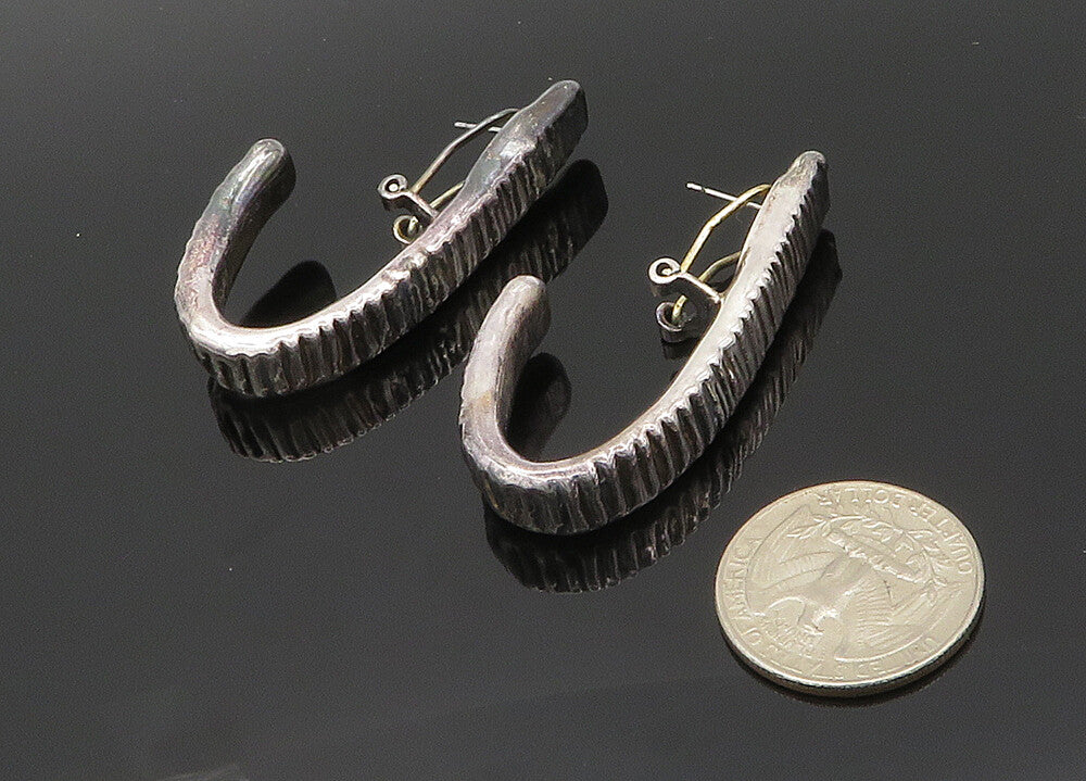 ISRAEL 925 Sterling Silver Vintage Dark Tone Sculpted JHoop Earrings EG10027