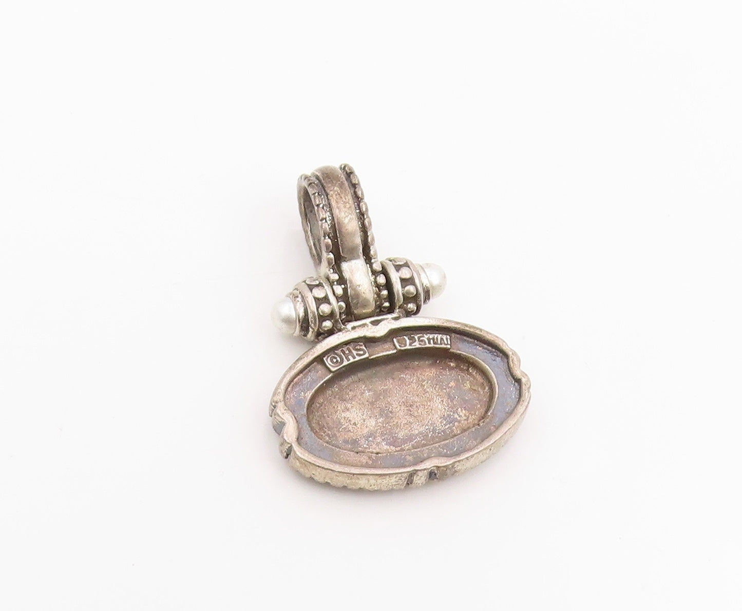 925 Sterling Silver Vintage Pendant Double Pearl Designer Beaded Charm  PT25952