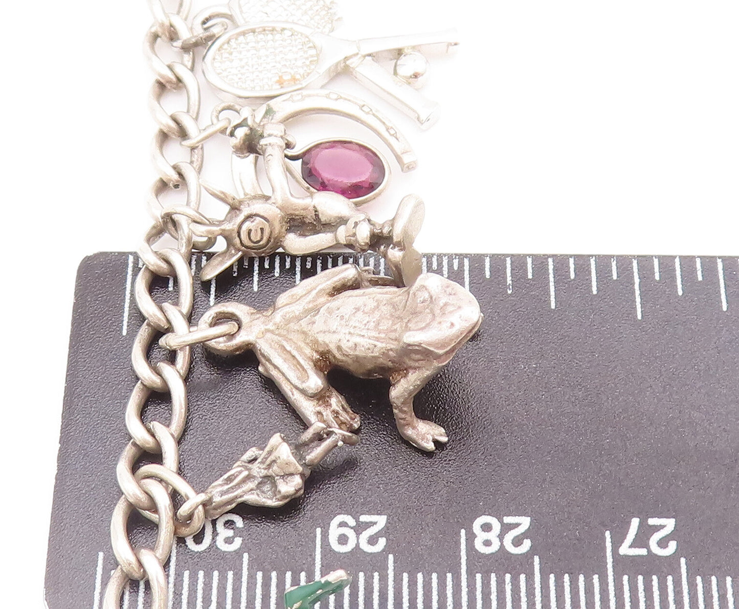 925 Sterling Silver Vintage Bracelet Carved Dangling Charms Amethyst  BT10423