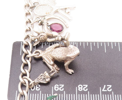 925 Sterling Silver Vintage Bracelet Carved Dangling Charms Amethyst  BT10423