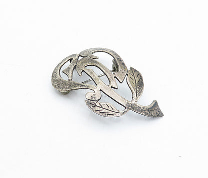 ISRAEL 925 Sterling Silver  Vintage Dark Tone Floral Leaf Brooch Pin  BP1842