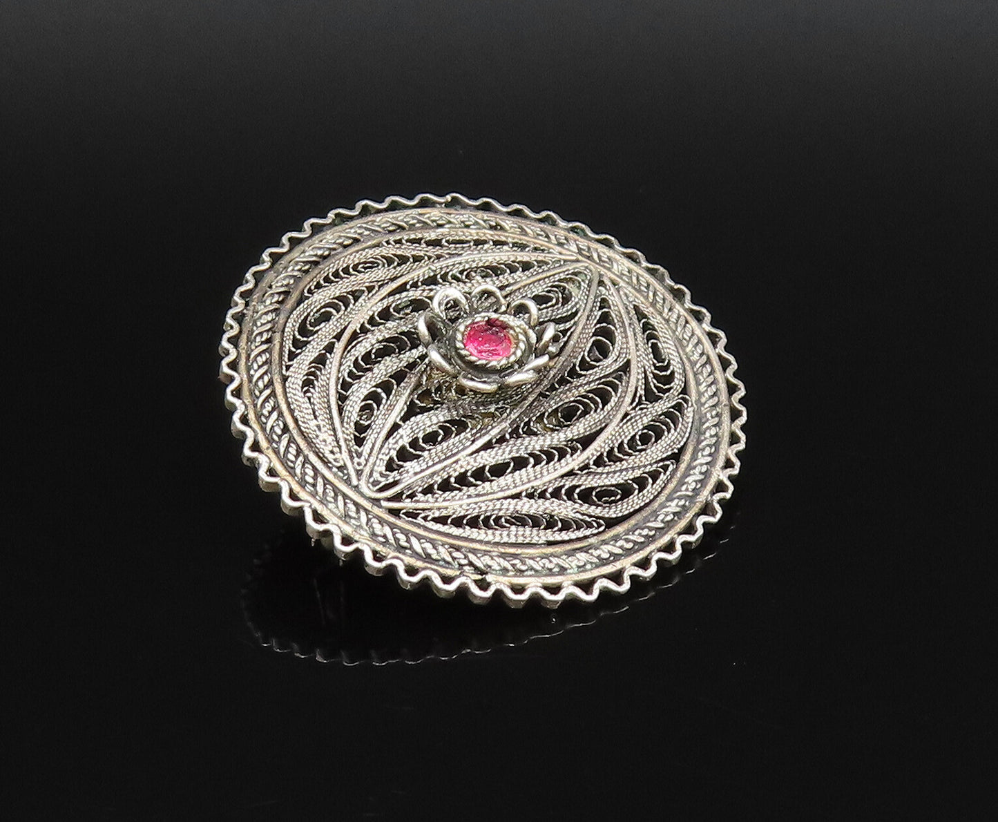 ISRAEL 925 Silver  Vintage Filigree Floral Tourmaline Brooch Pin  BP9883