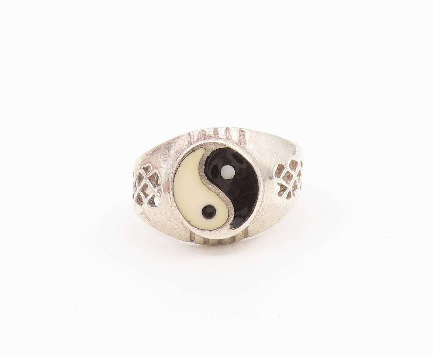 925 Sterling Silver Vintage Ring Classic Enamel Yin Yang Band  Sz 9.5  RG36585