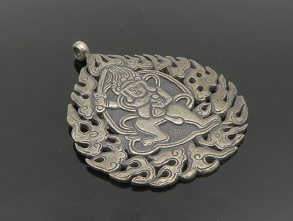 925 Silver  Vintage Tribal Man With Sword & Fire Motif Drop Pendant  PT20427