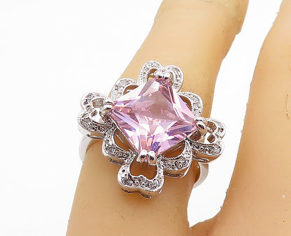 925 Sterling Silver  Pink Cubic Zirconia Floral Cocktail Ring Sz 7  RG6069