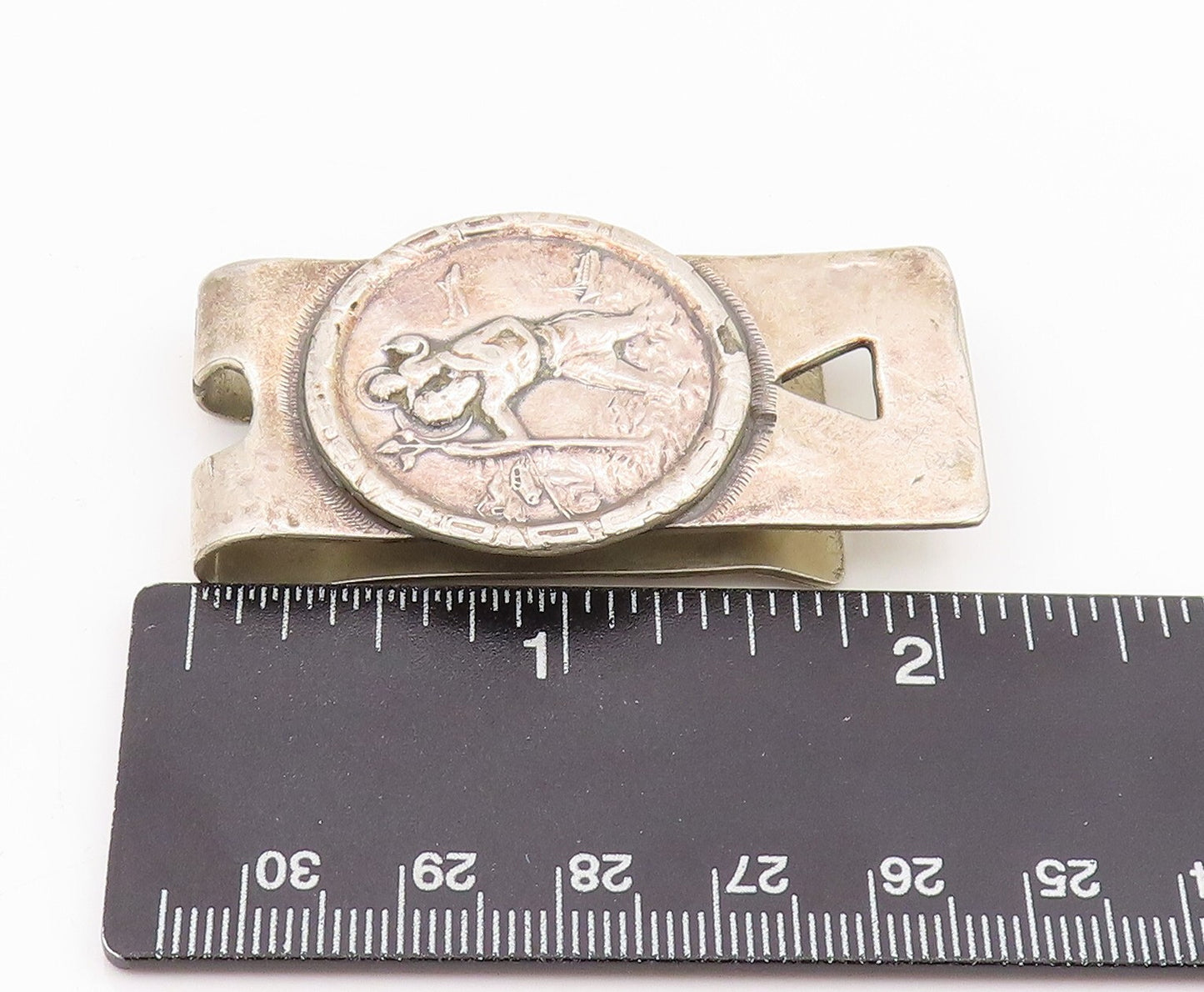 925 Sterling Silver Vintage Money Clip Solid Dark Tone Religious Carved  TR3873