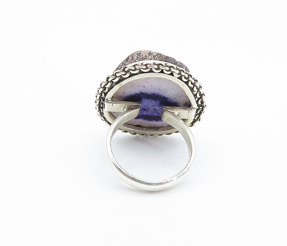 925 Sterling Silver  Vintage Agate Chain Link Border Cocktail Ring Sz 6 RG8126