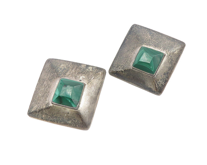 MEXICO 925 Sterling Silver  Vintage Malachite Square Dome Drop Earrings EG5554