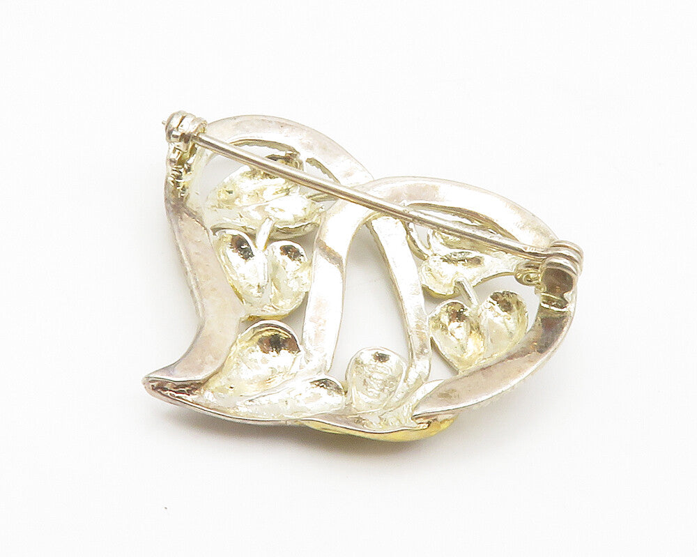 925 Sterling Silver  Vintage Shiny Floral Leaf Love Heart Brooch Pin  BP5315