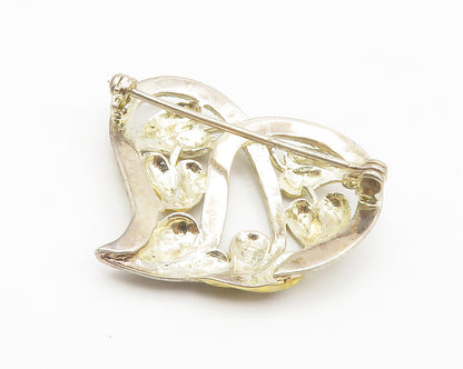 925 Sterling Silver  Vintage Shiny Floral Leaf Love Heart Brooch Pin  BP5315