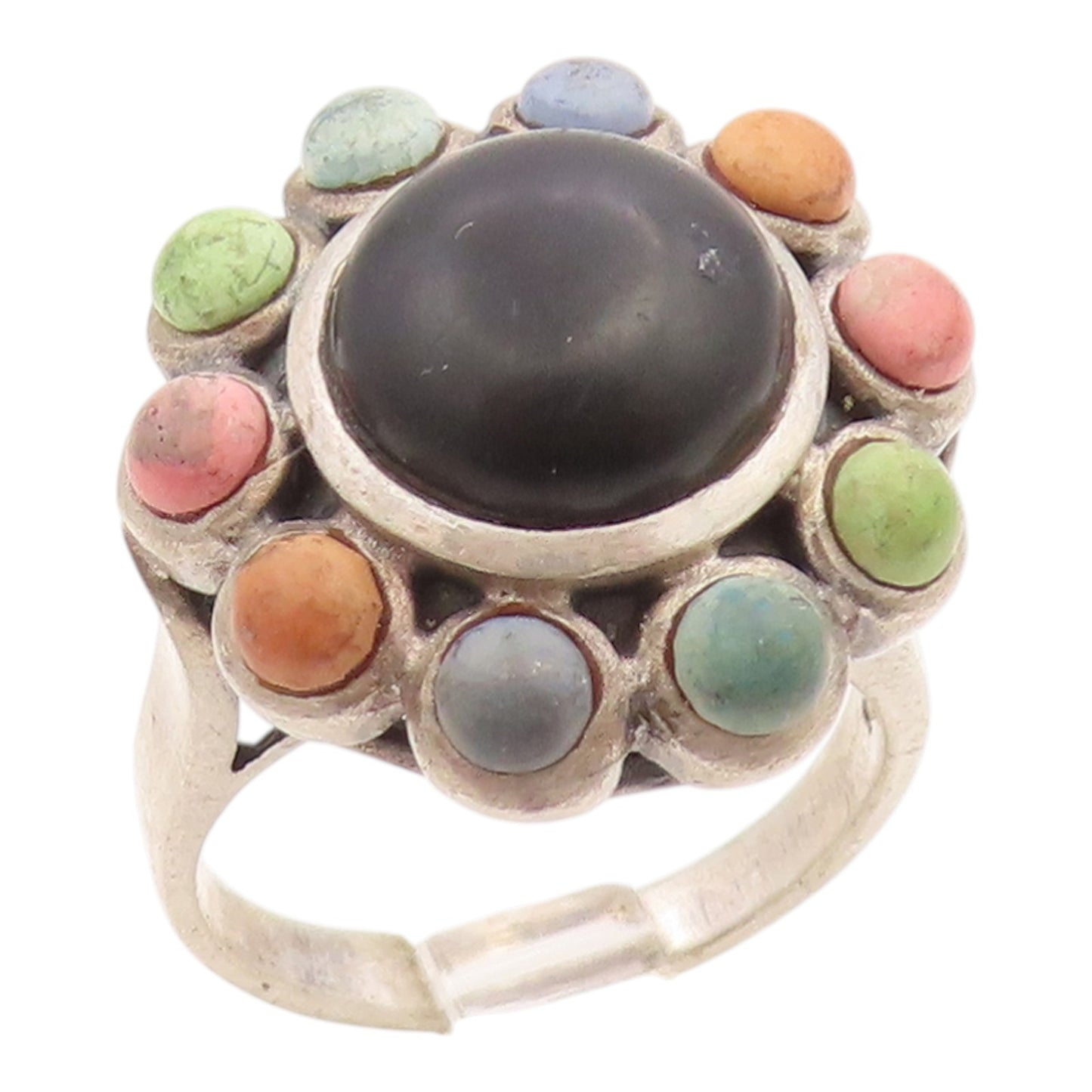 925 Sterling Silver Vintage Ring Onyx & Gemstone Flower Band  Sz 7.5  RG35741