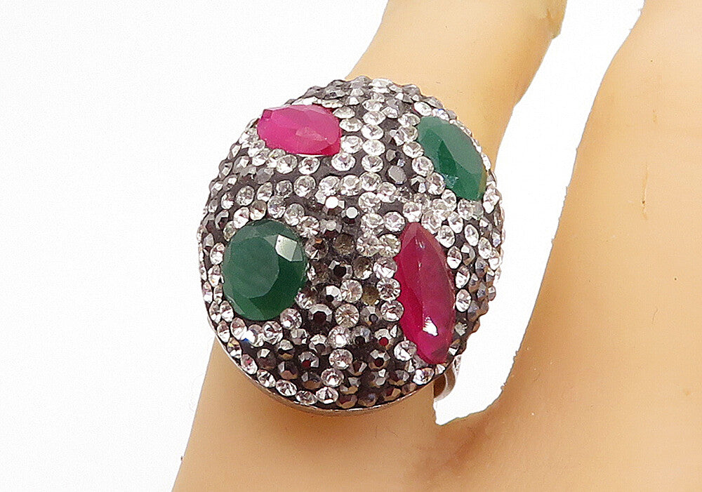 925 Sterling Silver Vintage Topaz & Crystal Dome Cocktail Ring Sz 7 RG5188