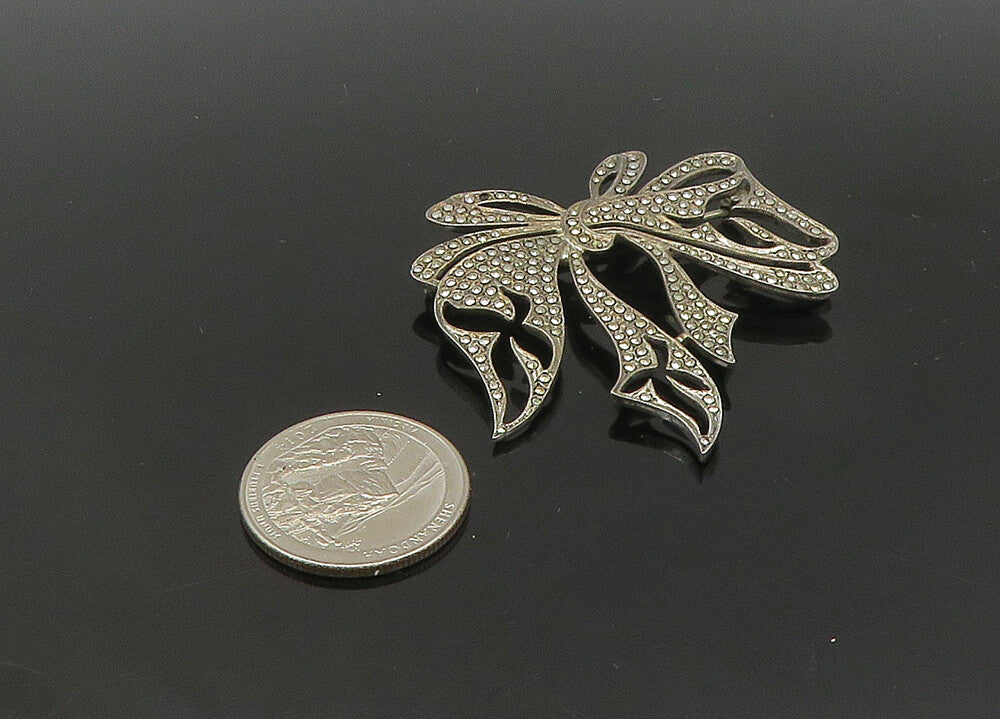 925 Sterling Silver  Vintage Sparkling Bow Tied Ribbon Brooch Pin  BP8296