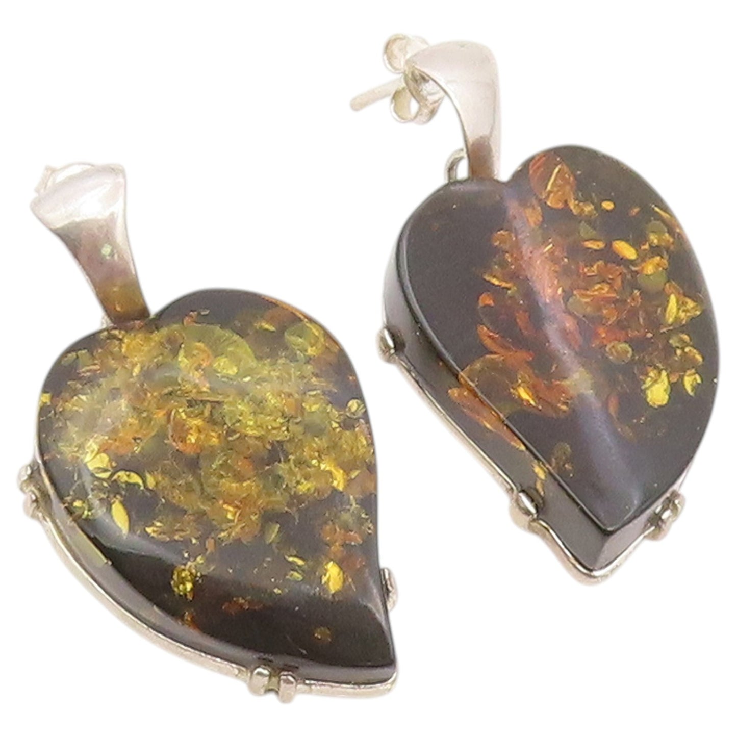 925 Sterling Silver Vintage Earrings Modernist Baltic Amber Love Heart  EG14510