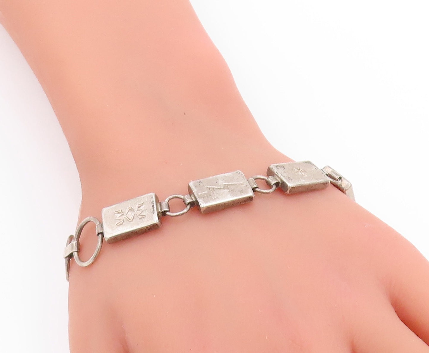 925 Sterling Silver Vintage Bracelet NAVAJO Etched Trible Symbols  BT11234