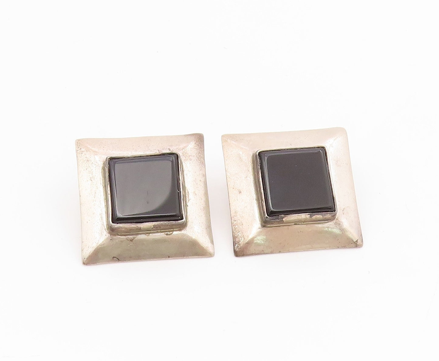 925 Sterling Silver Vintage Earrings NAVAJO ATTA KAI Black Onyx Studs  EG13945