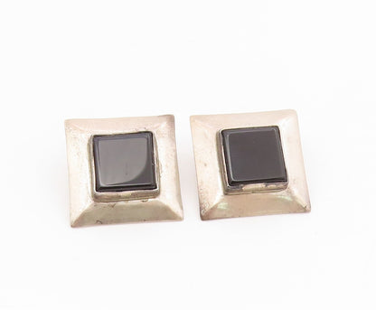 925 Sterling Silver Vintage Earrings NAVAJO ATTA KAI Black Onyx Studs  EG13945