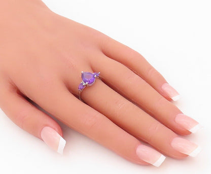 925 Sterling Silver Vintage Ring Minimalist Drop Cut 3 Amethyst  Sz 7  RG30392