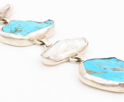 925 Sterling Silver Vintage Bracelet Modernist Pearl & Turquoise Link  BT11637