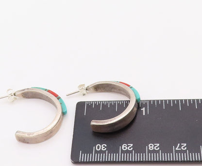 925 Sterling Silver Vintage Earrings NAVAJO ZUNI Turquoise Open Hoops  EG13184
