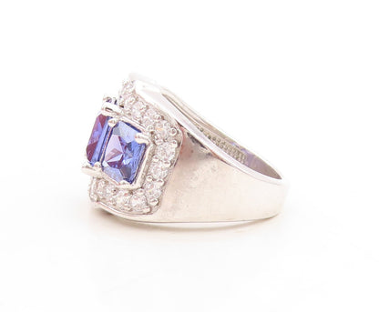 925 Sterling Silver Vintage Ring Square Sapphire Halo CZ Inlay  Sz 7  RG30113