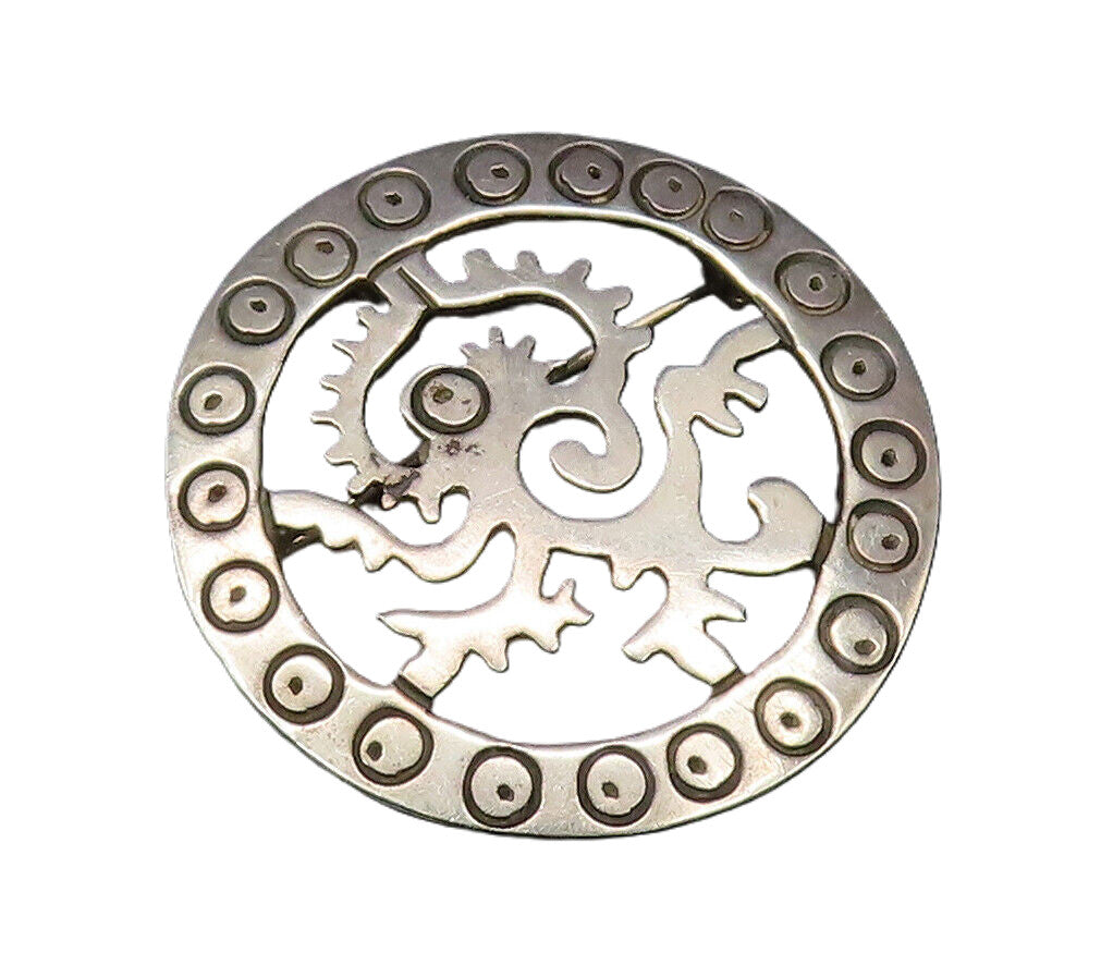 925 Sterling Silver  Vintage Circle Pattern & Dragon Cutout Brooch Pin  BP9898